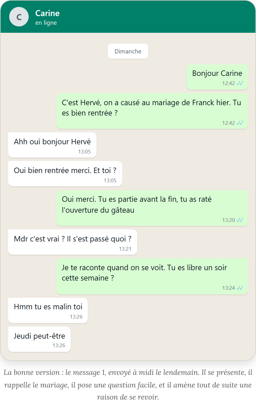 Capture WhatsApp tirée du livre : la bonne version du premier message